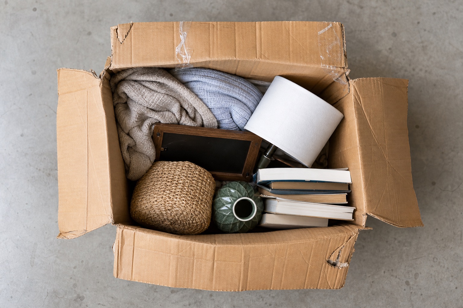 Overhead view of a worn cardboard box packed unevenly with household items.