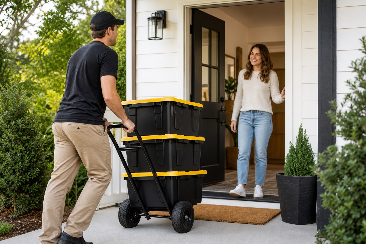 A local delivery handoff with reusable moving totes on a front porch.