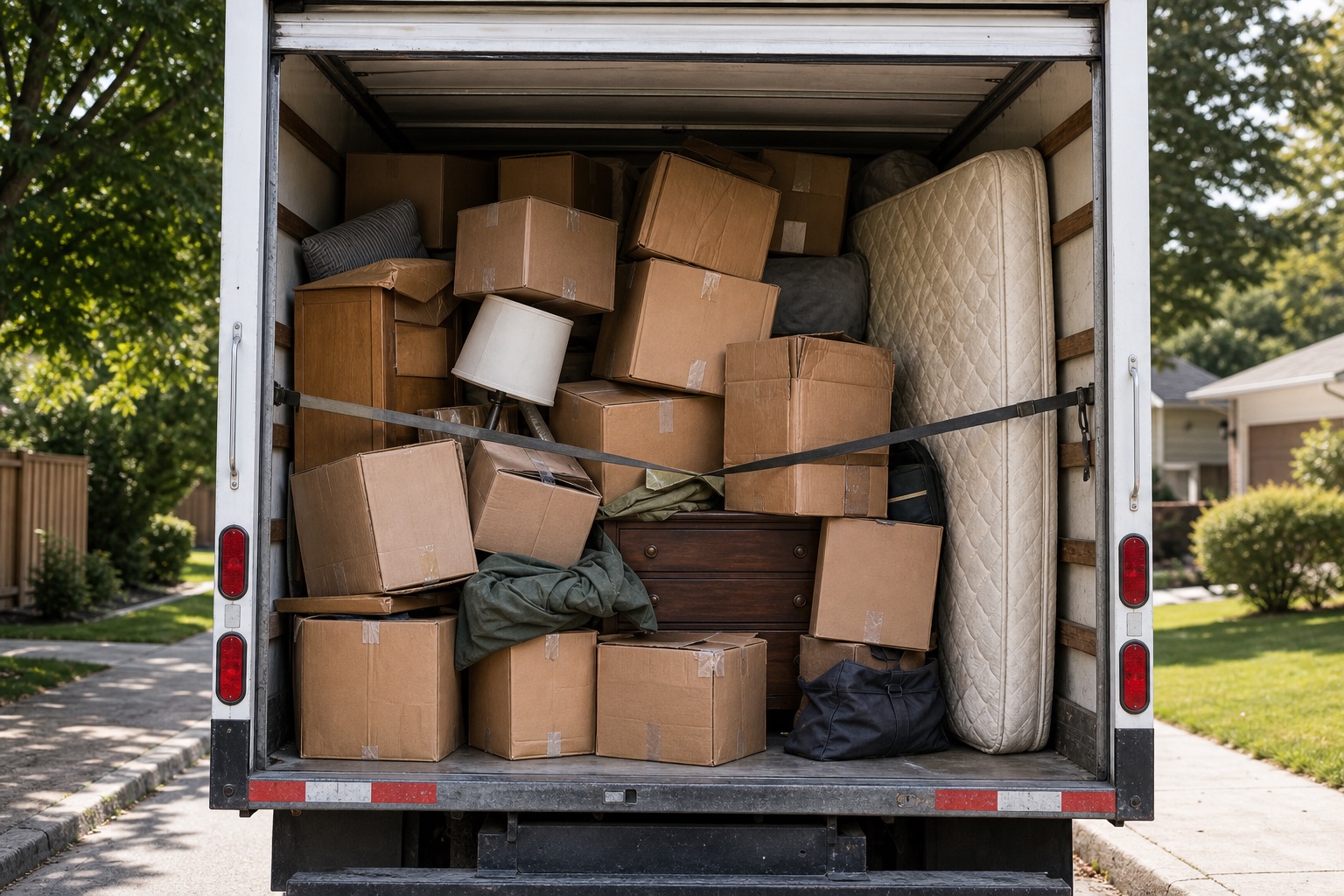 Open moving truck packed with uneven cardboard boxes, loose household items, mattress, and straps.