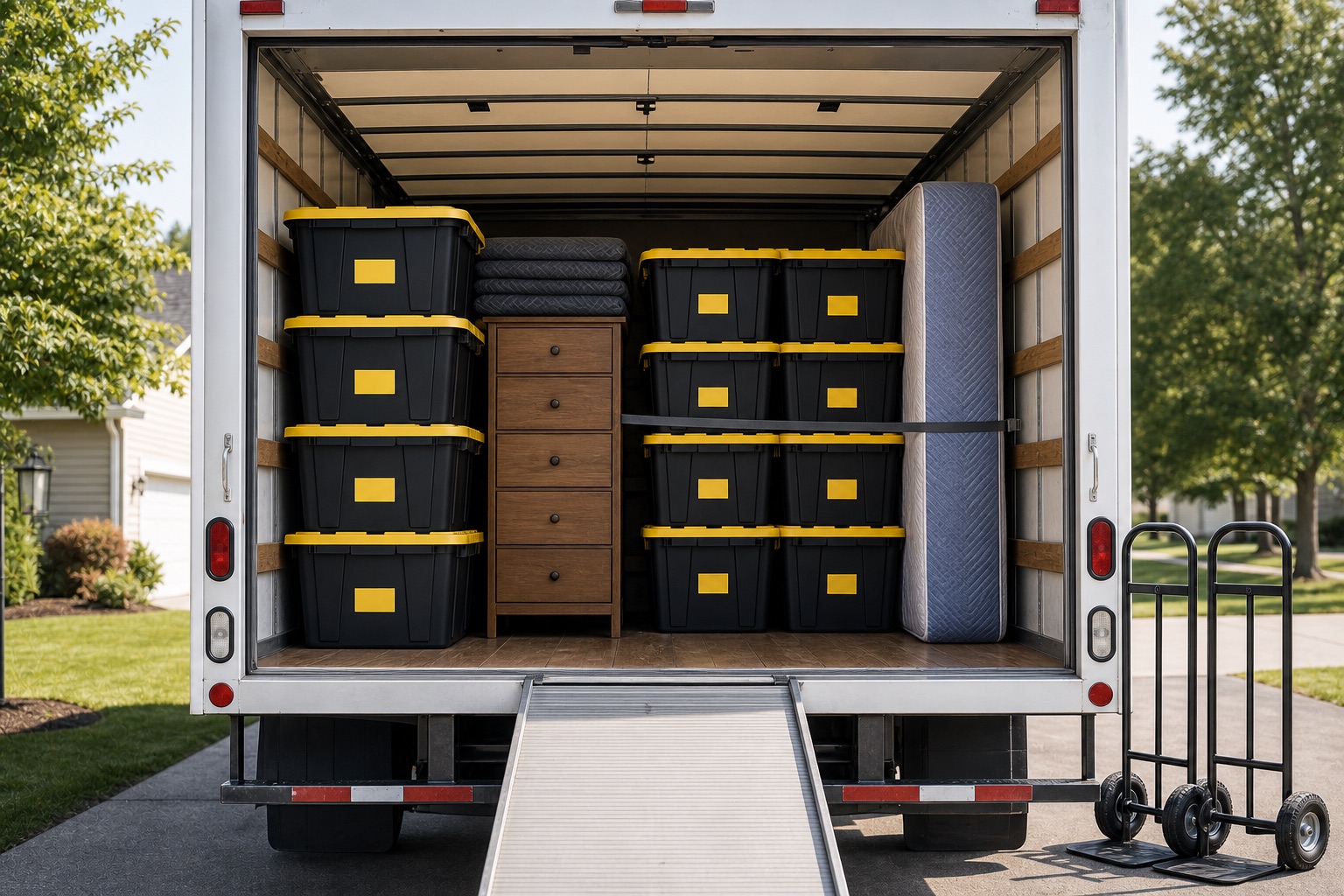 Open moving truck loaded neatly with black and yellow reusable totes, furniture, mattress, and dollies.