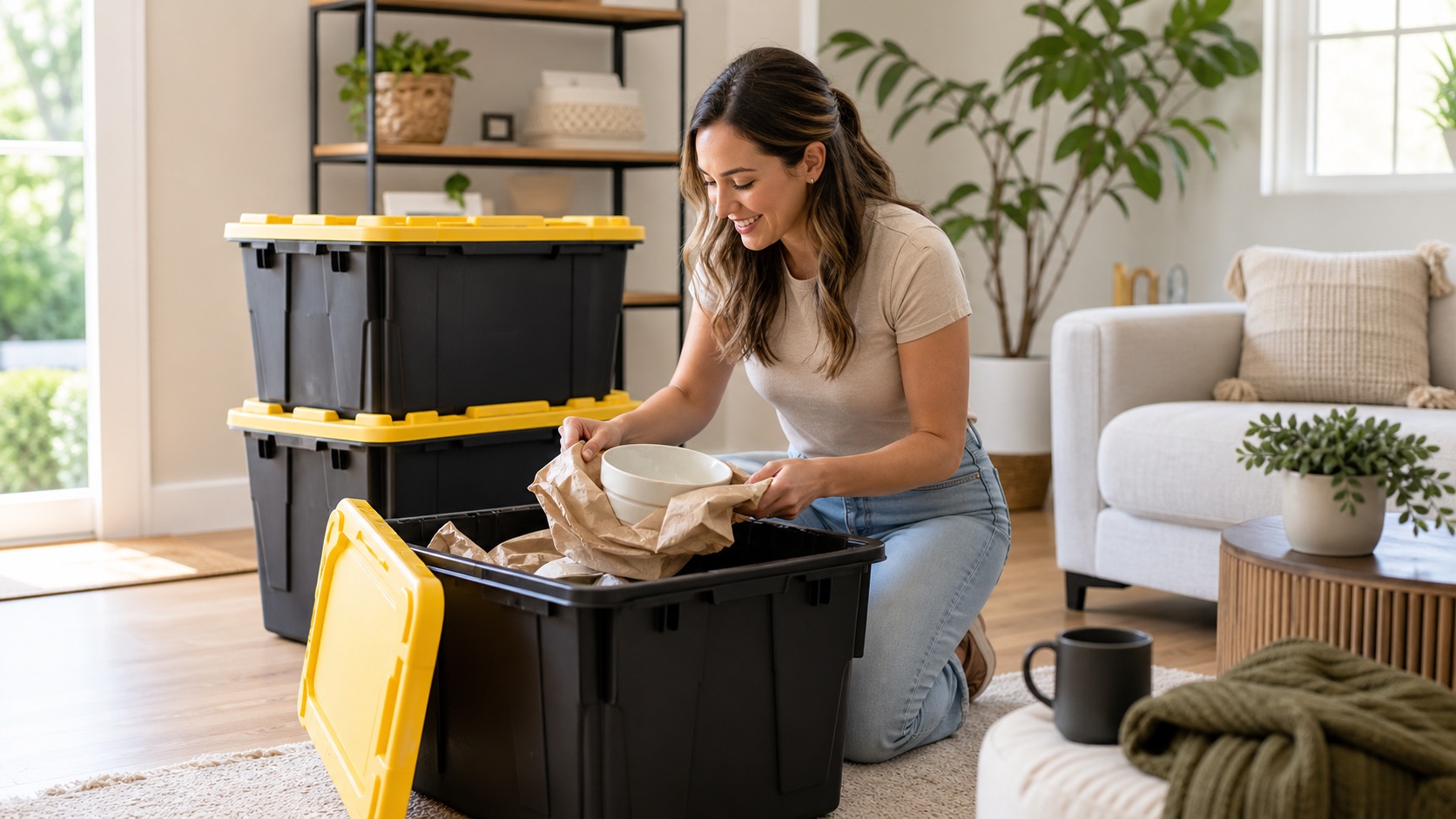 A customer unpacking dishes from a reusable moving tote in a bright living room.